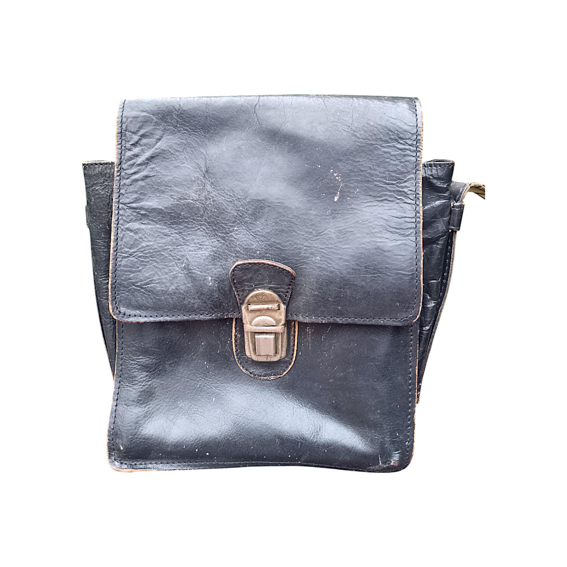 Vintage Black Genuine Leather Shoulder Bag 1970 Central Europe