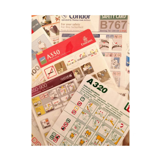 Lot of 10 Airline Safety Cards | Qatar Lufthansa Emirates LTE Condor Thai KLM | Boeing Airbus