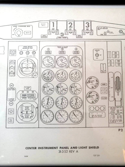 Boeing 727 NWA Original Framed Chart | Center Instrument Panel and Light Shields |