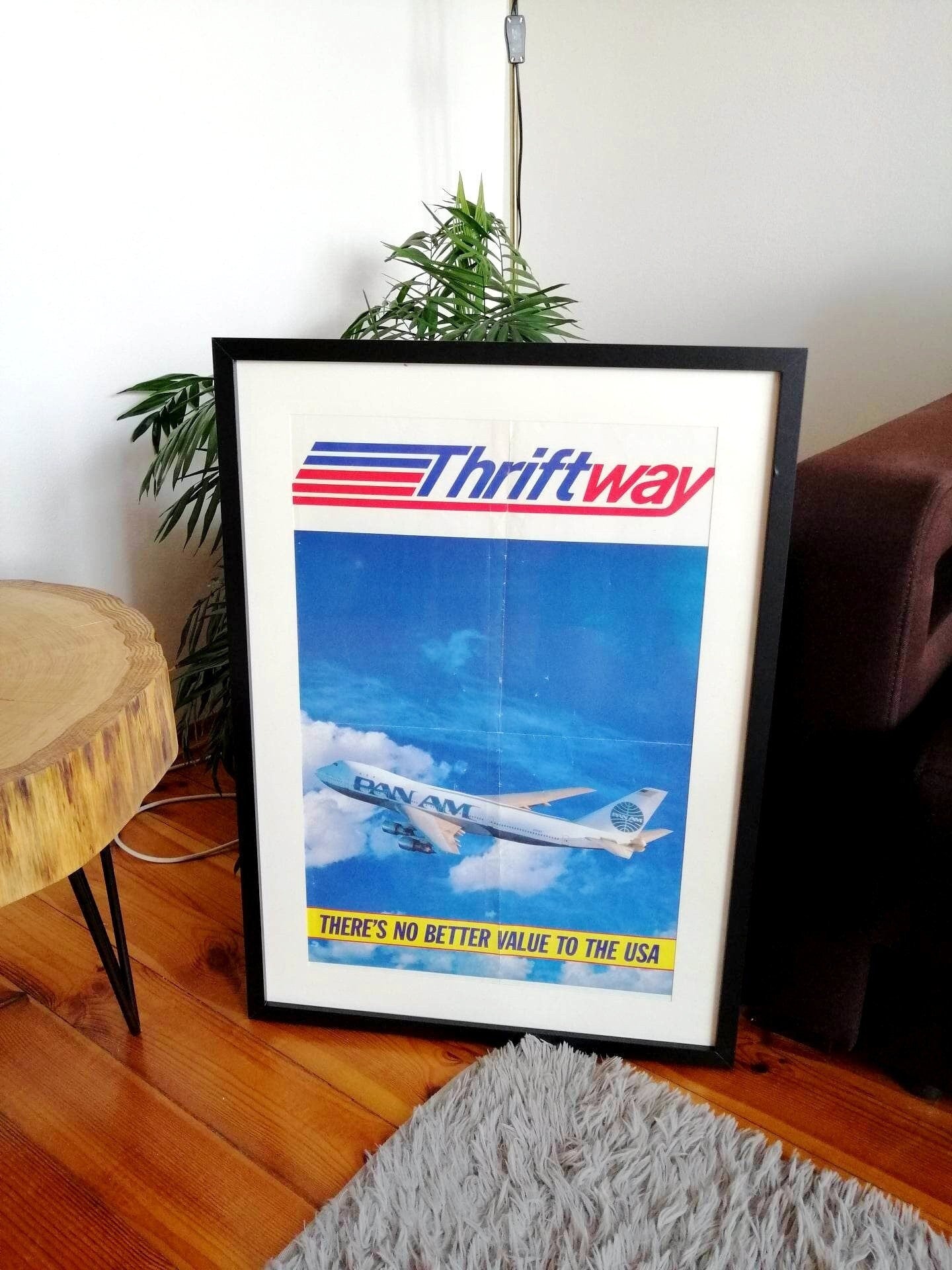 Original Pan Am Boeing 747 Framed Poster - | There is no Better Value to the USA | Pan American World Airways Poster 1970s | Aviation Gift