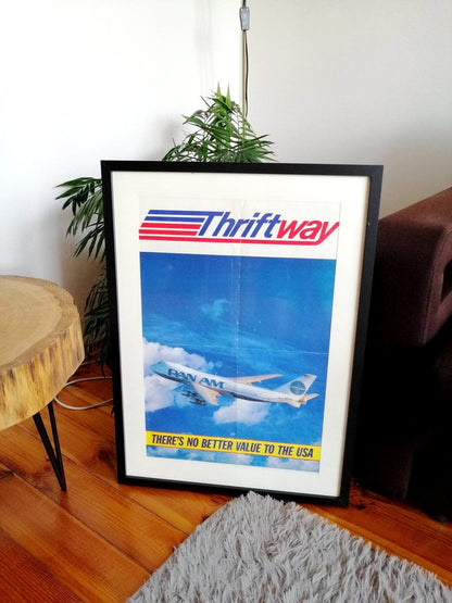 Original Pan Am Boeing 747 Framed Poster - | There is no Better Value to the USA | Pan American World Airways Poster 1970s | Aviation Gift